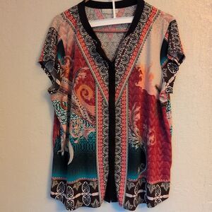 Women's Dana Buchman Mandarin Collar Blouse Button Front Short Sleeve Size XL